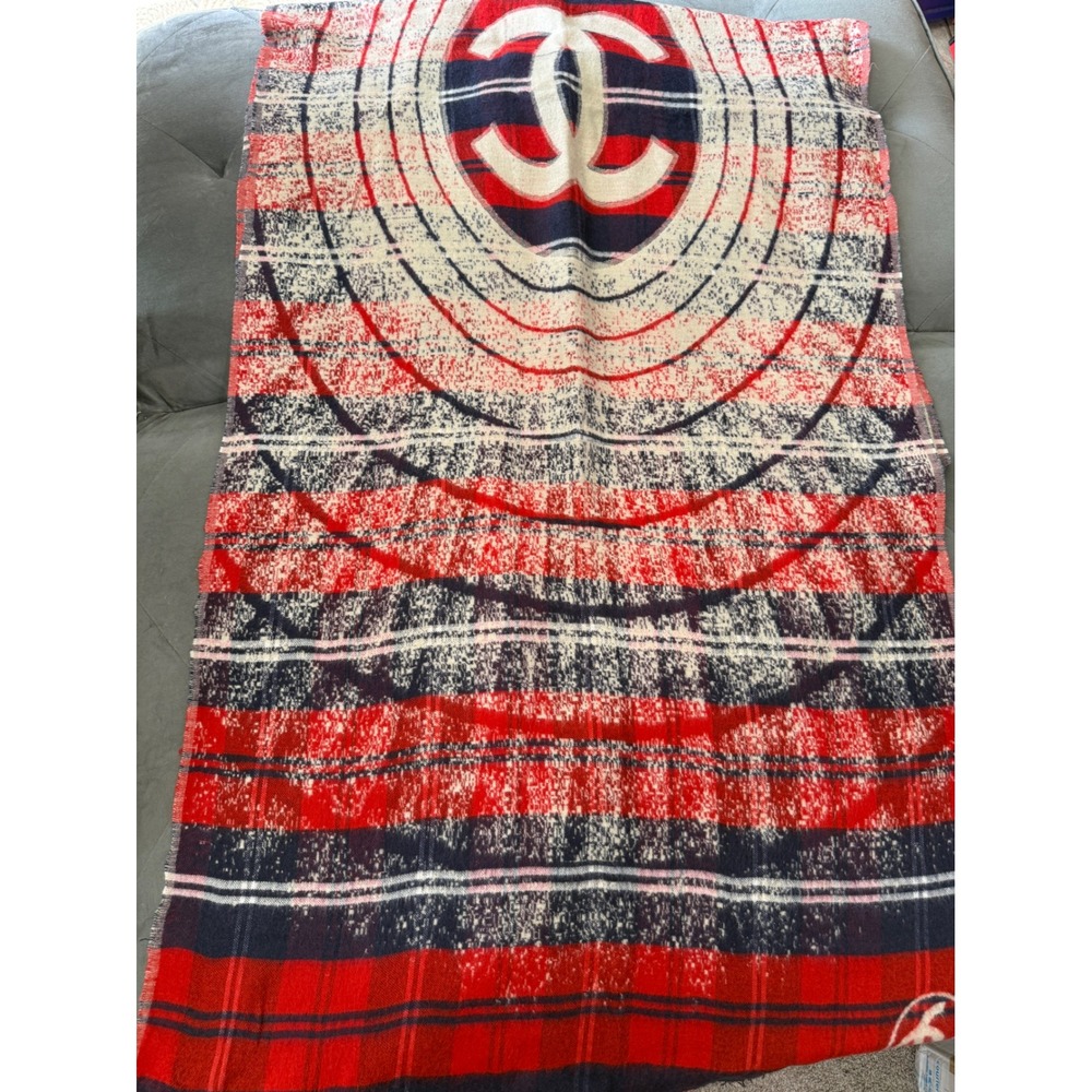Chanel Paris Silk Wool Scarf Red Navy Blue Plaid CC Logo Shawl WrapMade in Italy